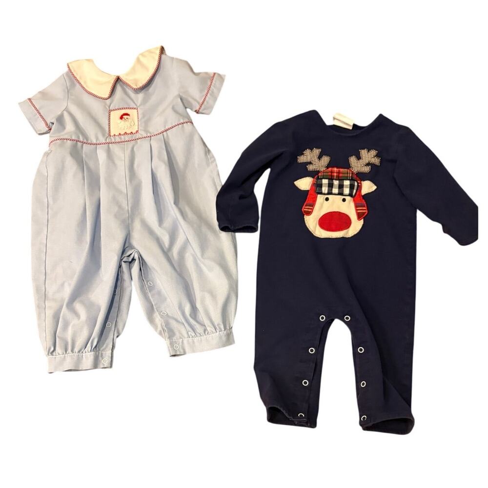 Lot 2 Baby Smock 18M Three Sister/Natalie Grant Christmas Reindeer/Santa Smocked
